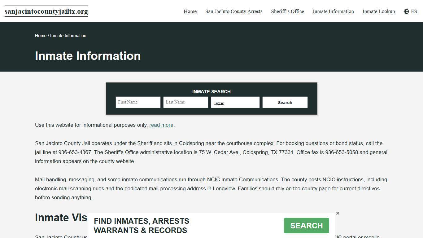 San Jacinto County, TX – Jail Mail, Calls, Visitation, Inmate Money